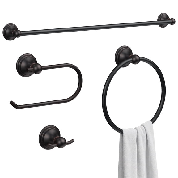 Classic 4-Piece Bathroom Accessories Set, 24-inch Towel Bar, Toilet Paper Holder, Towel Ring, and Robe Hook, Durable Zinc Alloy & Stainless Steel, (Oil Rubbed Bronze Finish)