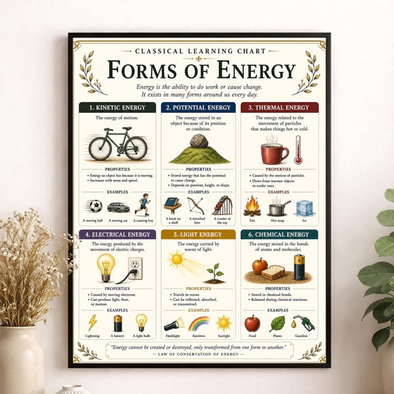 Forms Of Energy Chart Classical Learning Stem Teacher Classroom Reference Homeschool Science Physics