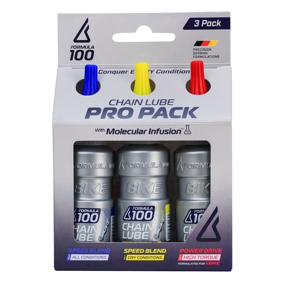 Formula 100 Chain Lube Pro Pack with All Conditions, Dry Conditions, & eBike Lubricant Collection of Lubricant for Bicycles & Electric Bikes Protects Against Wear & Corrosion Three 50ml Bottles