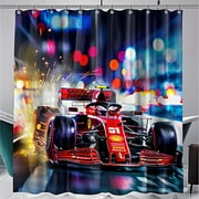 Formula One Car Shower Curtain Colorful Background with Lights and Sparks F2B3 Style Racing Theme Bathroom Decor