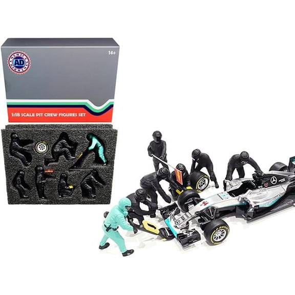 Formula One F1 Pit Crew 7 Figurine Set Team Black for 1 by 18 Scale Model Car