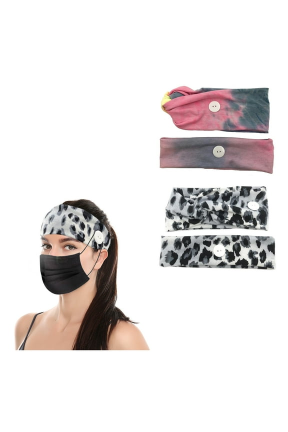 4PCS Headbands with Buttons for Face Masks Includes 2 Elastic Twisted Hair Band and 2 Wide Holder Headbands for Nurses, Doctors and Women to Protect Ears