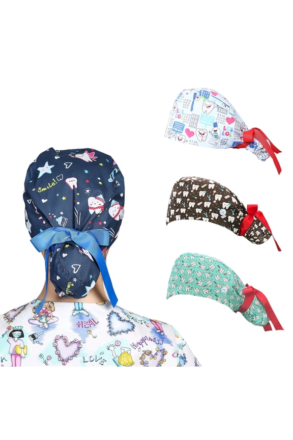 4PCS Scrub Cap With Button, Surgical Cap Adjustable Tooth Printing Sweat-absorbent Hat Long Belt Nurse Hat, Dentist Work Hats for Women Pet Cap Doctor Hat