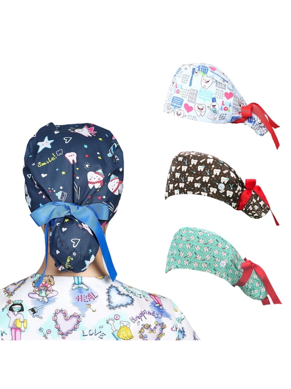 4PCS Scrub Cap With Button, Surgical Cap Adjustable Tooth Printing Sweat-absorbent Hat Long Belt Nurse Hat, Dentist Work Hats for Women Pet Cap Doctor Hat