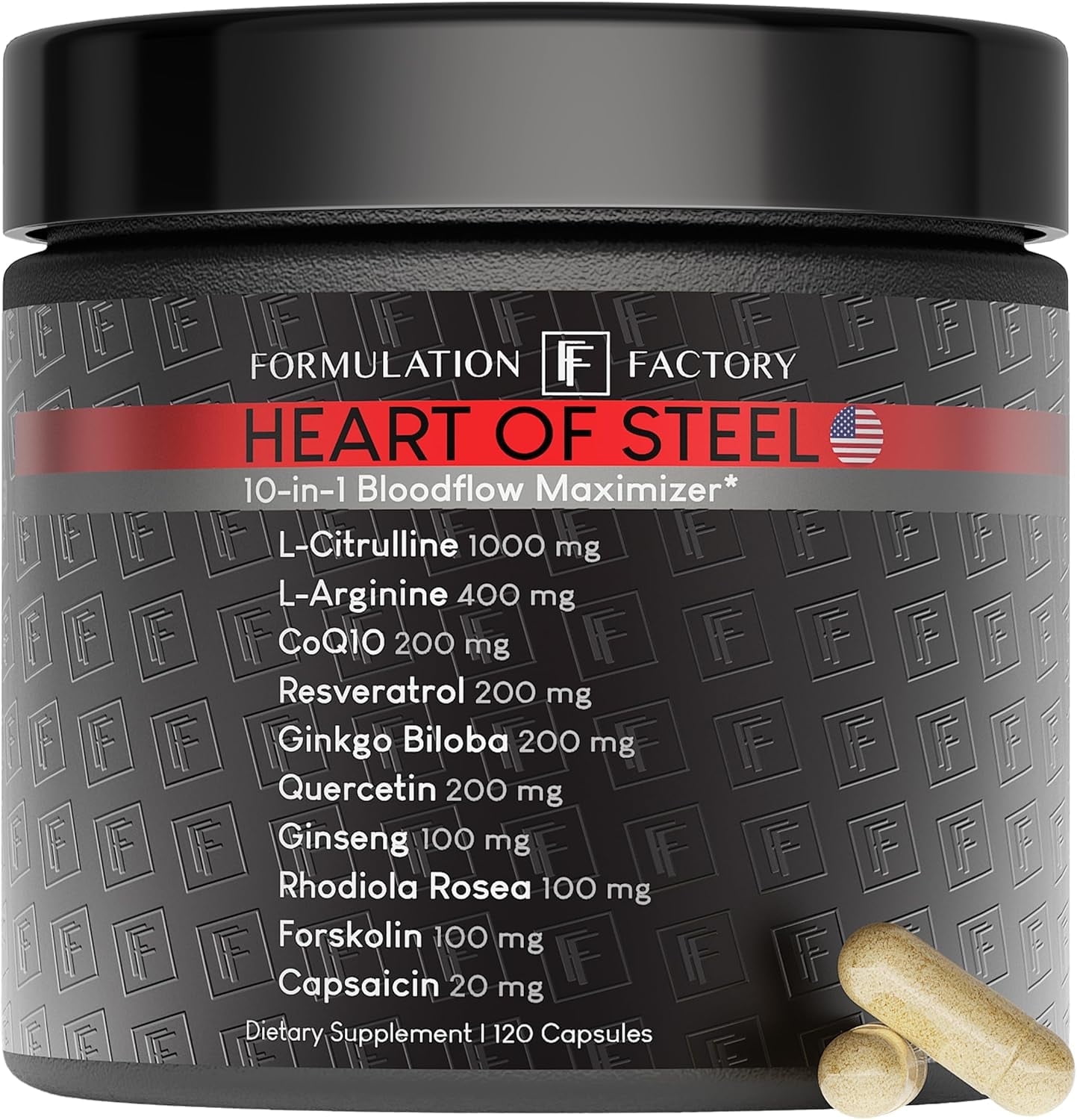 Formulation Factory Heart of Steel Blood Flow Supplement, 10-in-1 Circulation Support with L-Citrulline &amp; Resveratrol, 120 Capsules, 2-Month Supply