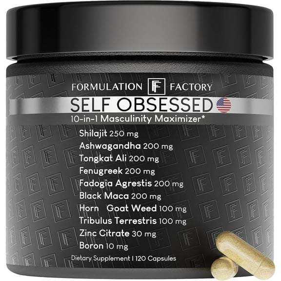Formulation Factory Self Obsessed Supplement for Men, 10-in-1 Masculinity Maximizer with Shilajit & Tongkat Ali, 120 Capsules, 2-Month Supply