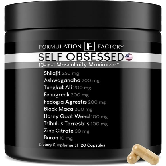 Self Obsessed: 10 in 1 Masculinity Maximizer Supplement, Shilajit for Men, Tongkat Ali, Ashwaganda, Fenugreek Muscle Growth, Energy Management, Drive, Strength, Recovery 1-month supply 120 Capsules