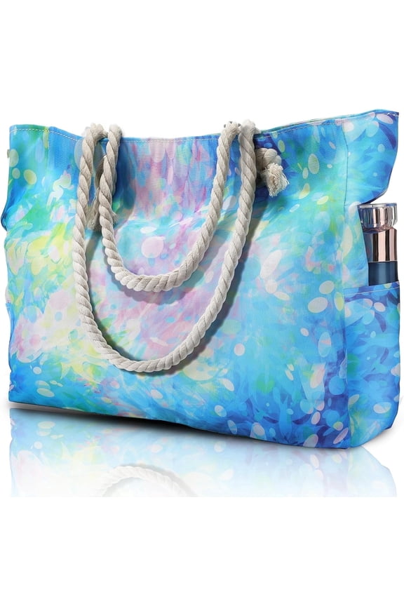 Fashion Beach Tote Bag for Women, Large Waterproof Canvas Tote with Zipper for Pool, Swim & Travel, Tie Dye Blue