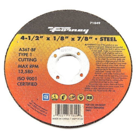 Forney Industries Aluminum Oxide Metal Cut-Off Wheel - 4-1/2 In. x 1/8 In. x 7/8 In., 1 Pc.