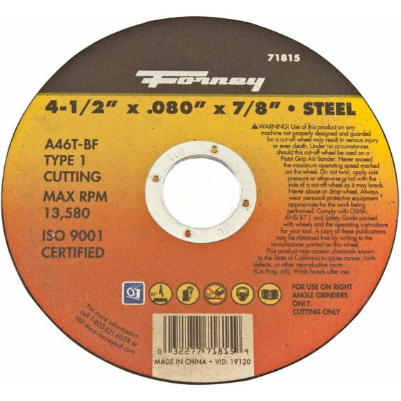 Forney 71815 Cut-Off Wheel with 7/8-Inch Arbor, Metal Type 1, A46T-BF, 4-1/2-Inch-by-0.080-Inch