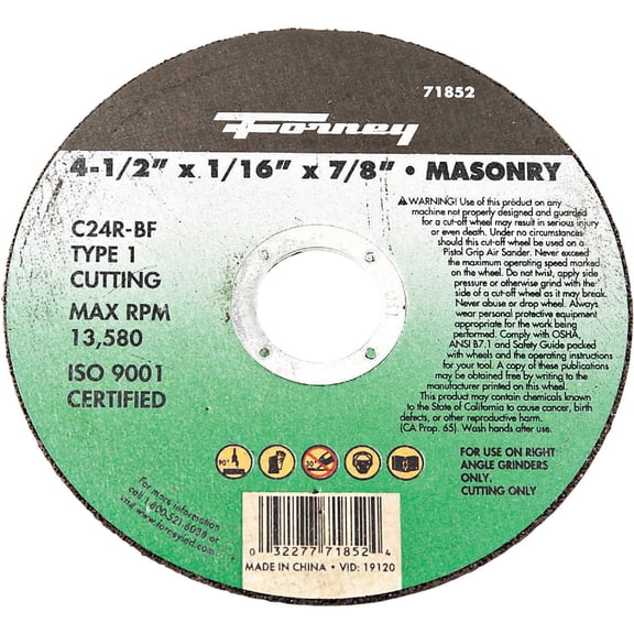 Forney Cut-Off Wheel Masonry Type 1 C24R-BF - 4-1/2 In x 1/16 In, 7/8 In Arbor, Pack Of 1