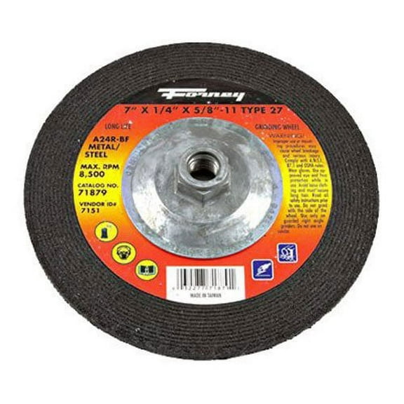 Forney 71879 Grinding Wheel with 5/8-Inch-11 Threaded Arbor, Metal Type 27, A24R, 7-Inch-by-1/4-Inch