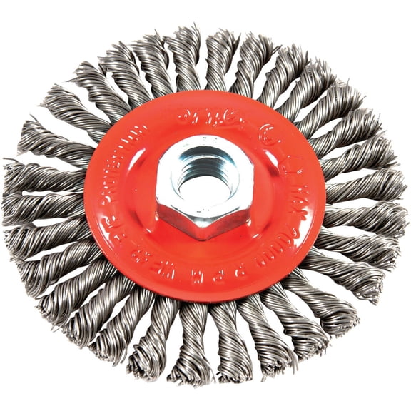 Forney 72760 Wire Wheel Brush, Stringer Bead Twist with 5/8-Inch-11 Threaded Arbor, 4-Inch-by-.020-Inch
