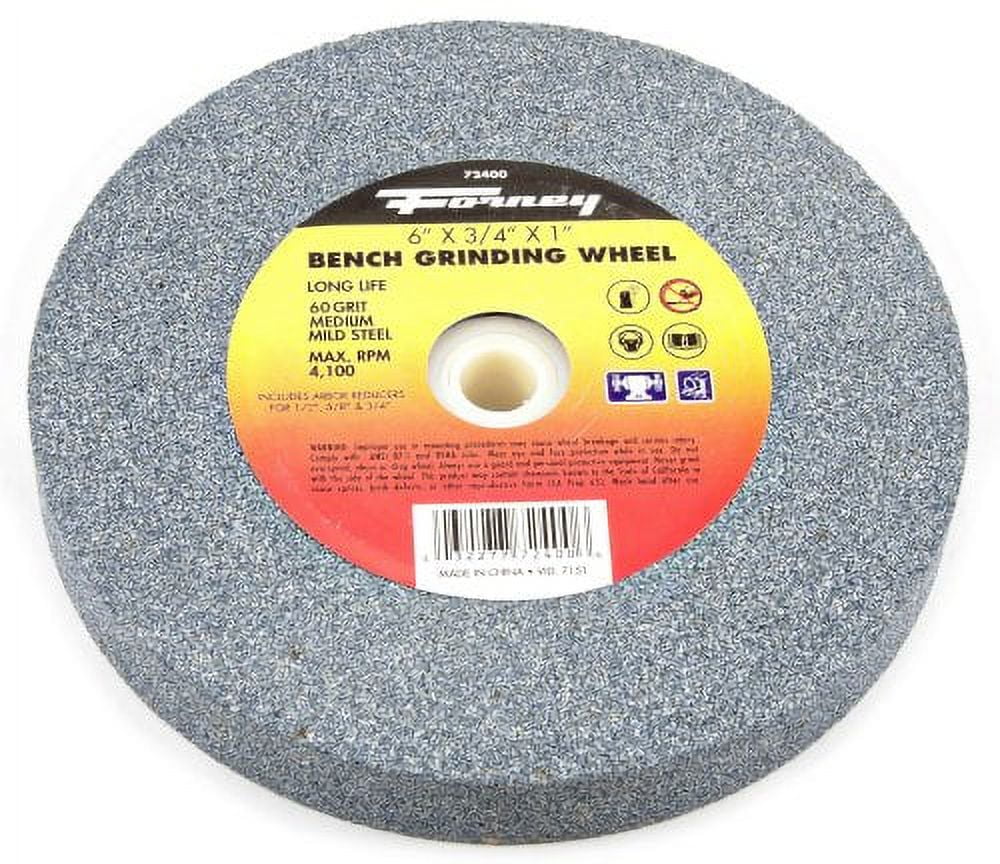 Forney Bench Grinder Wheel, Type 1, 60 Grit 6" x 3/4" x 1" arbor hole w/adapters for 1/2", 5/8