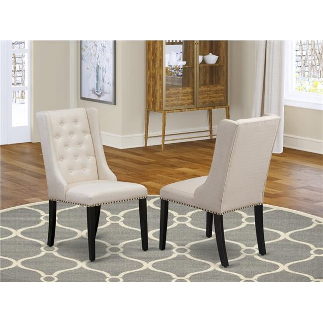 Cream Linen Upholstered Parsons Side Chairs with Black Wood Legs, Set of 2