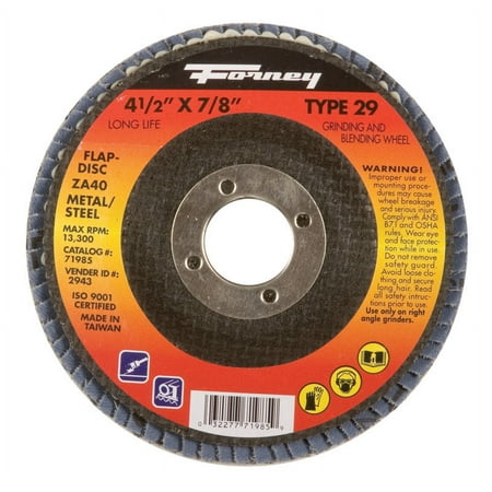 Forney Flap Disc, 4-1/2" - Type 29 (ZA40) - 36 Grit for grinding - 7/8" Arbor Mounting Hole - Max RPM:13,300