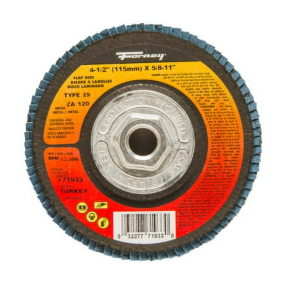 Forney Flap Disc - Blue Zirconia - 120 Grit Type 29 - Depressed Center - 4-1/2" with 5/8-11 threaded arbor mount ZA120