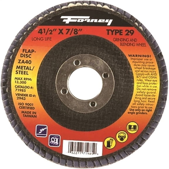 Forney Flap Disc - Blue Zirconia - 60 Grit Type 27 - Depressed Center - 4-1/2" with 7/8" Arbor Mounting Hole - ZA60