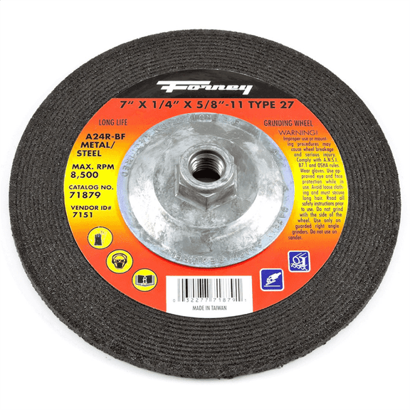 Forney Grinding Wheel, Metal, Type 27, 7 Inch x 1/4 Inch x 5/8 Inch-11