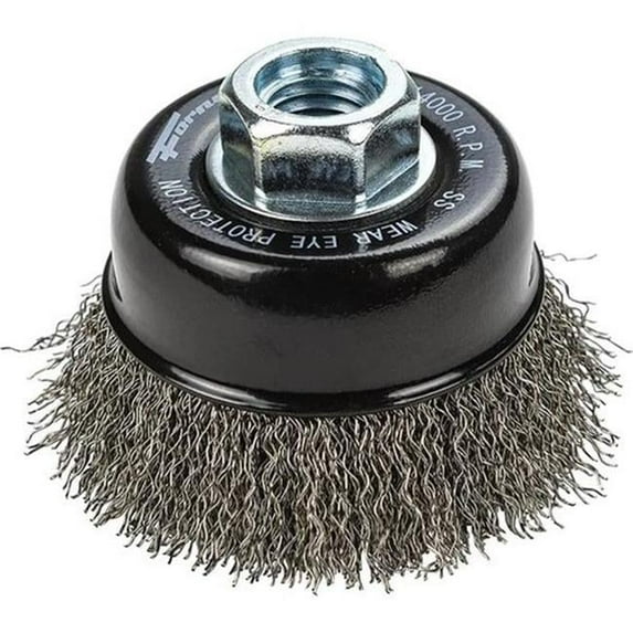 Forney Industries Command PRO Cup Brush, Crimped, Stainless Steel, 2-3/4 in x .014 in x 5/8 in-11
