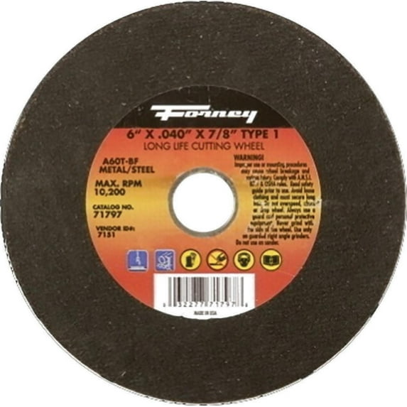 Forney Industries Cut-Off Wheel, Metal, Type 1, 6 in x .040 in x 7/8 in