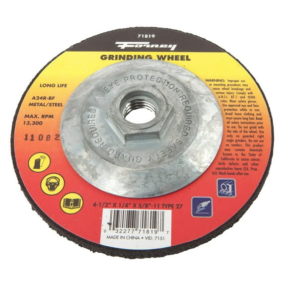 Forney Industries Grinding Wheel, Metal, Type 27, 4-1/2 in x 1/4 in x 5/8 in-11