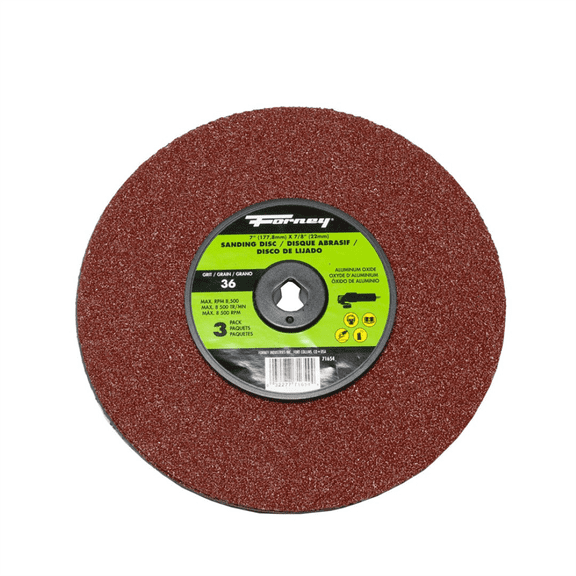 Forney Industries Resin Fibre Sanding Disc, Aluminum Oxide, 7 in x 7/8 in Arbor, 36 Grit
