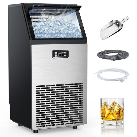 Fornido Commercial Ice Maker, Freestanding Square Ice Cube Maker 100lbs/24h, 33lbs Storage Bin, Full Heavy Duty Stainless Steel Construction, Ice Maker Machine for Home Bar, Coffee Shop, Business