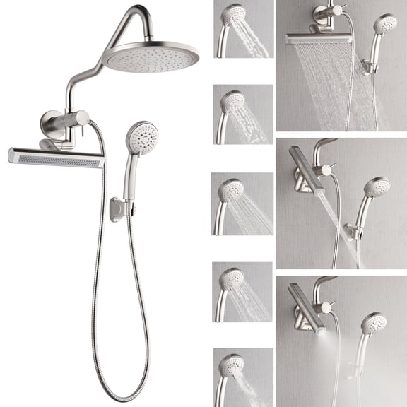 FORNO ACQUA Shower System 9 in. Rainfall Head, 3-Mode Waterfall Body Jet & 5-Mode Handheld. Brushed Nickel 1.8 GPM