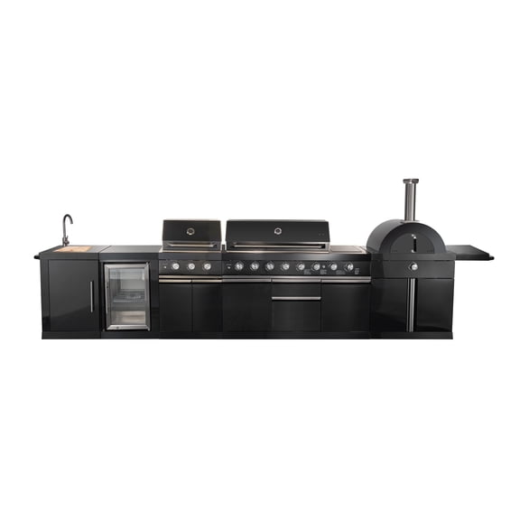 Forno AllAperto 99,600 BTU Outdoor Kitchen, 5 Burners, Infrared Burners, Side Burner, Black Sintered Stone Countertops, Gas Pizza Oven, Sink Module, Bar & Beverage Center