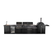 Forno All Aperto 99,600 BTU Outdoor Kitchen, 5 Burners, Infrared Burners, Side Burner, Black Sintered Stone Countertops, Gas Pizza Oven, Sink Module, Bar & Beverage Center