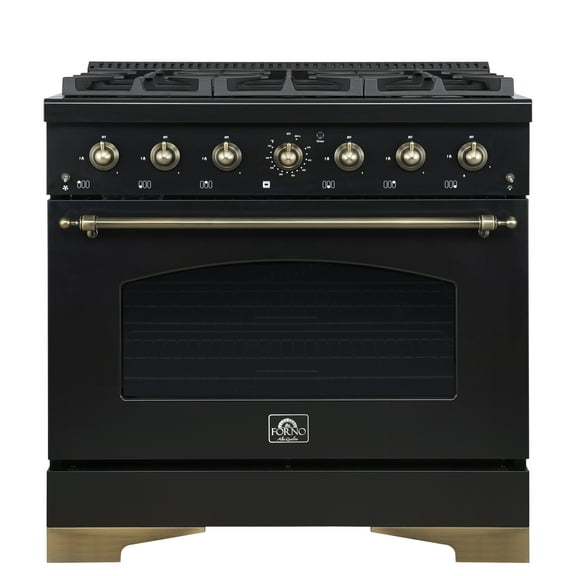 Forno Antico 36-Inch Freestanding Gas Range, Black, Antique Brass Design, 6 Burners, Convection Oven, Energy Efficient