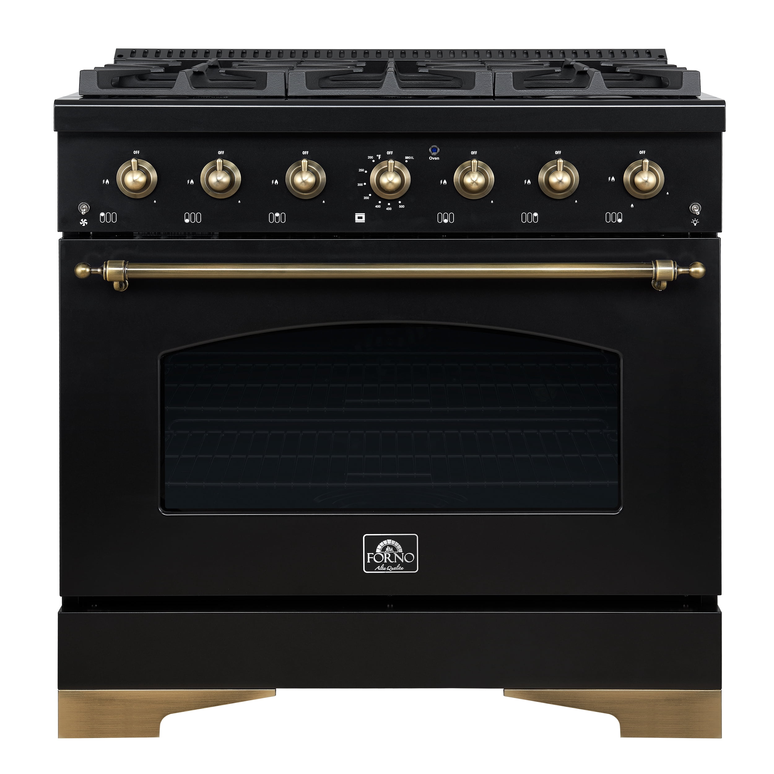 Forno Antico 36-inch Dual Fuel Range, Black and Antique Brass, 6 Burners, 4.5 cu.ft. Convection Oven