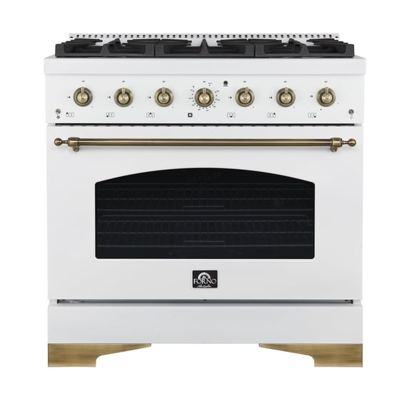 Forno Antico 36-Inch Freestanding Gas Range, White, Antique Brass Design, 6 Burners, Convection Oven