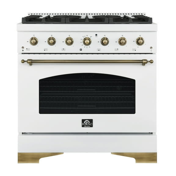 Forno Antico 36-inch Dual Fuel Range White and Antique Brass Design with 6 Sealed Gas Burners and Electric Convection Oven