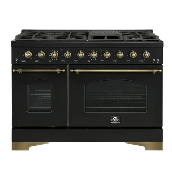 Forno Antico 48-Inch Dual Fuel Range, Black with Antique Brass Finish, 8 Burners, 94,000 BTU, 5.5 cu.ft. Double Ovens  Griddle