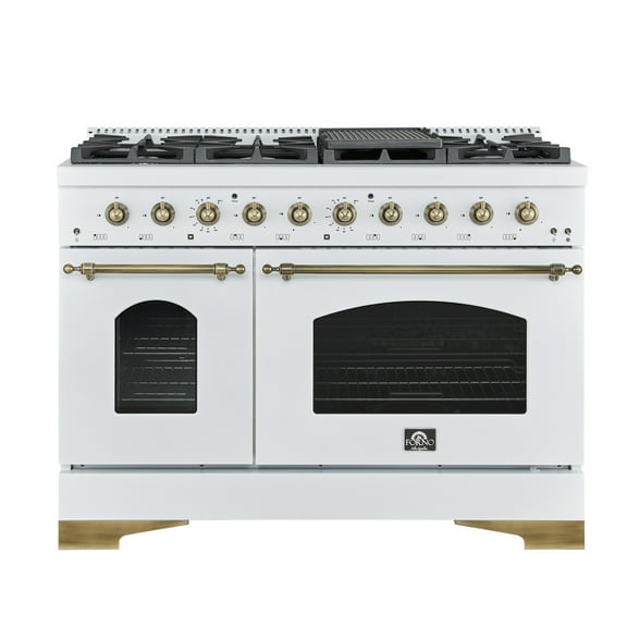 Forno Antico 48-Inch Dual Fuel Range, White with Antique Brass Finish, 8 Burners, 94,000 BTU, 5.5 cu.ft. Double Ovens  Griddle