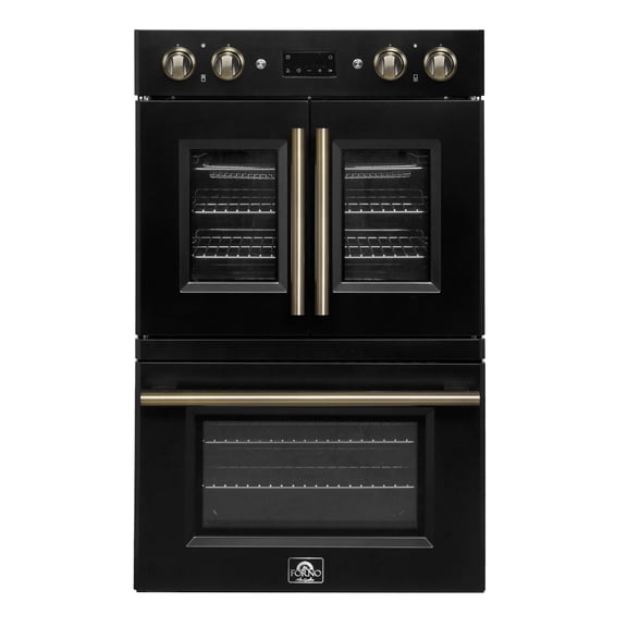 Forno Asti 30-Inch Double Electric Wall Oven with Upper French Doors in Black & Antique Brass, 7.36 cu. ft. Dual True Convection, 7,200W, Air Fry, Sous Vide, Self-Clean