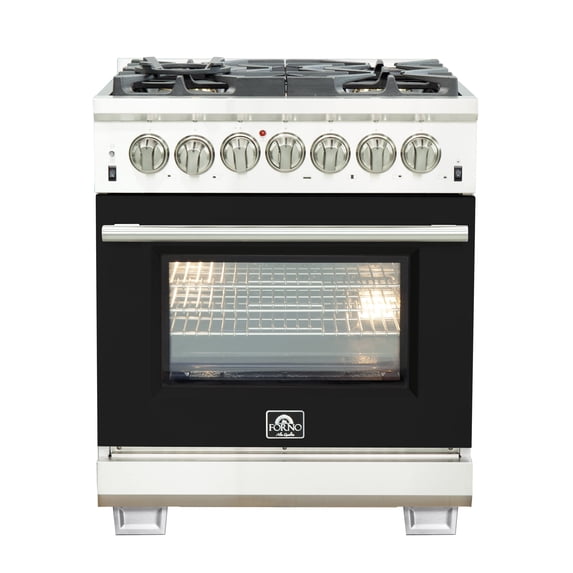 Forno Capriasca 30-Inch Freestanding Dual Fuel Range, 4 Burners, True Convection Oven, Black Door