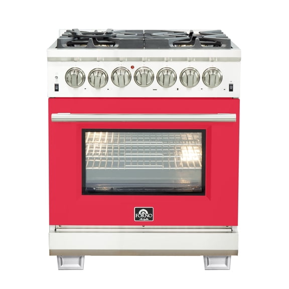 Forno Capriasca 30-Inch Freestanding Dual Fuel Range, 4 Burners, True Convection Oven, Red Door