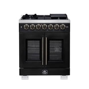 Forno Capriasca 30-Inch Freestanding French Door Dual Fuel Range in Black with Antique Brass Accessories, 5 Burners, True Convection Oven