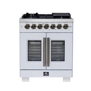 Forno Capriasca 30-Inch Freestanding French Door Dual Fuel Range in White with Antique Brass Accessories, 5 Burners, True Convection Oven