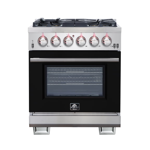Forno Capriasca 30-Inch Freestanding Gas Range, 4 Burners, True Convection Oven, Black Door