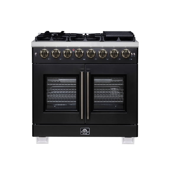 Forno Capriasca 36 Inch Freestanding French Door Dual Fuel Range in Black with Antique Brass Accessories, 6 Burners, True Convection Oven