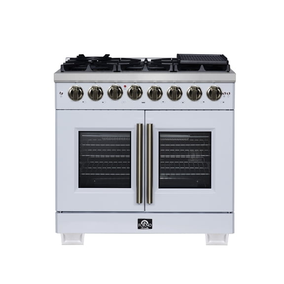 Forno Capriasca 36 Inch Freestanding French Door Dual Fuel Range in White with Antique Brass Accessories, 6 Burners, True Convection Oven