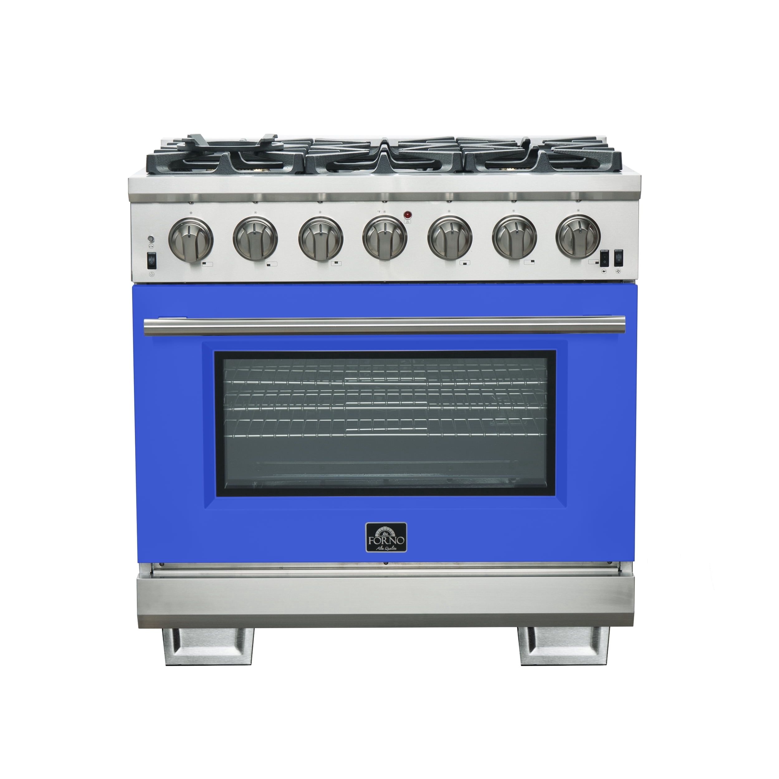 Forno Capriasca 36-Inch Gas Range, Stainless Steel, 6 Brass Burners, 120,000 BTU, Convection Oven, Energy Efficient, Blue Door