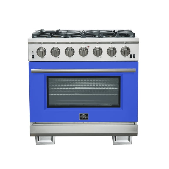 Forno Capriasca 36-Inch Gas Range, Stainless Steel, 6 Brass Burners, 120,000 BTU, Convection Oven, Energy Efficient, Blue Door