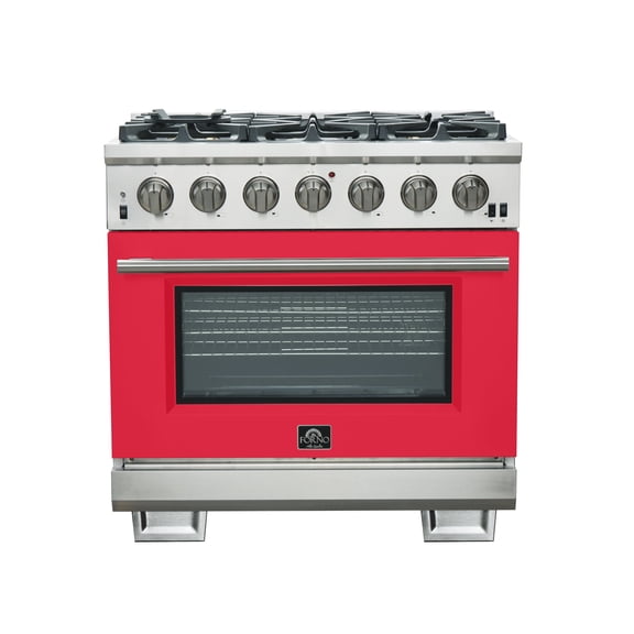 Forno Capriasca 36-Inch Gas Range, Stainless Steel, 6 Brass Burners, 120,000 BTU, Convection Oven, Energy Efficient, Red Door