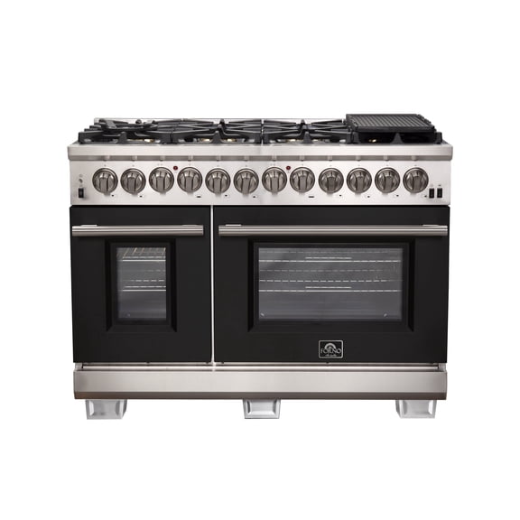 Forno Capriasca 48-Inch Freestanding Dual Fuel Range, 8 Burners, True Convection Oven, Black Doors