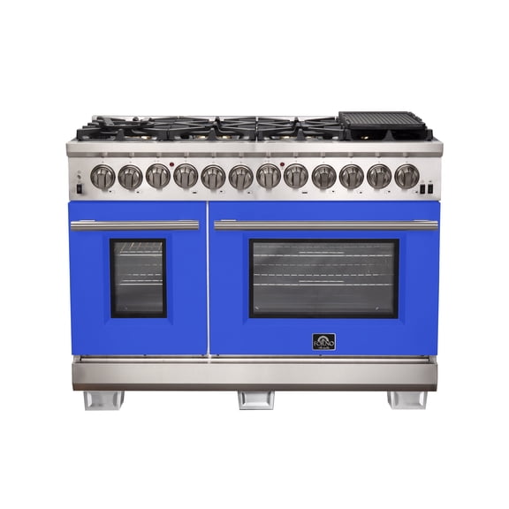 Forno Capriasca 48-Inch Freestanding Dual Fuel Range, 8 Burners, True Convection Oven, Blue Doors